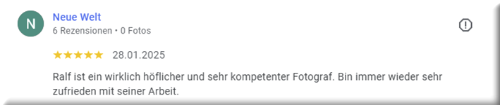 Ralf ist ein wirklich höflicher und sehr kompetenter Fotograf. Bin immer wieder sehr zufrieden mit seiner Arbeit.